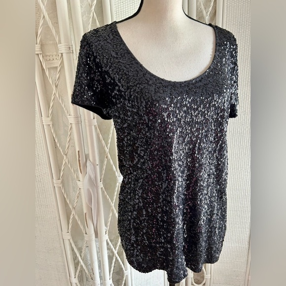 J.Crew Factory Top Black Sequin Short Sleeve Tee Sparkle Glitter size Large - Picture 4 of 16